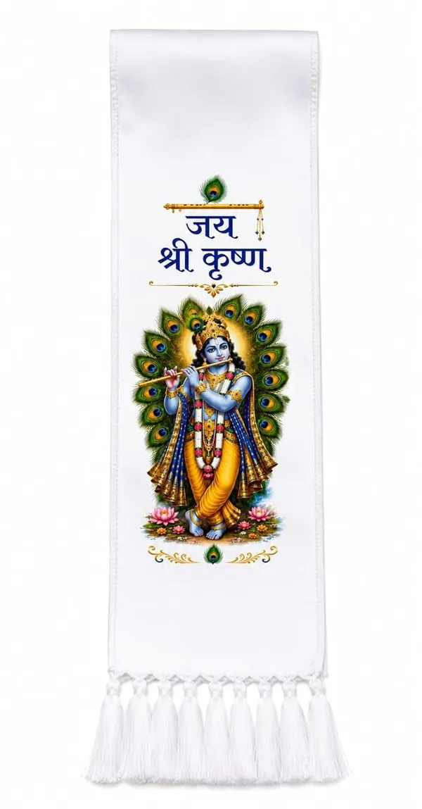 White_Cotton_Jai_Shri_Krishna_Flute_Peacock_Print_Patka_Muffler