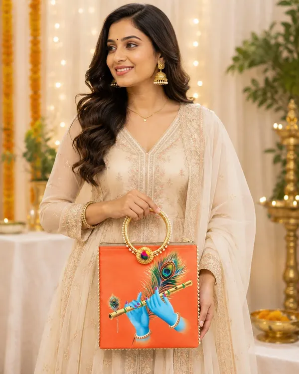 Orange_Satin_Pichwai_Krishna_Print_Ring_Handle_Handbag_For_Women