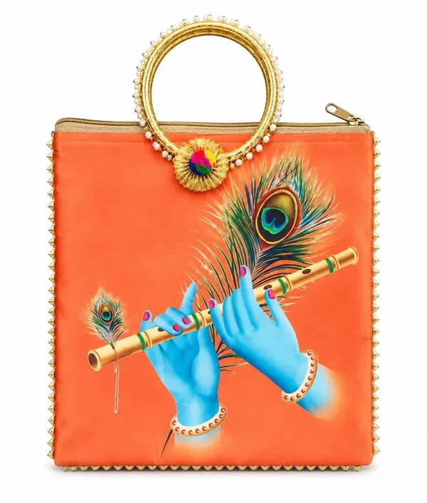 Orange_Satin_Pichwai_Krishna_Print_Ring_Handle_Handbag_For_Women