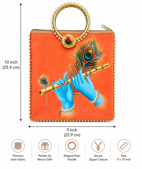 Orange_Satin_Pichwai_Krishna_Print_Ring_Handle_Handbag_For_Women