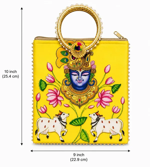 Yellow_Satin_Pichwai_Krishna_Print_Ring_Handle_Handbag_For_Women
