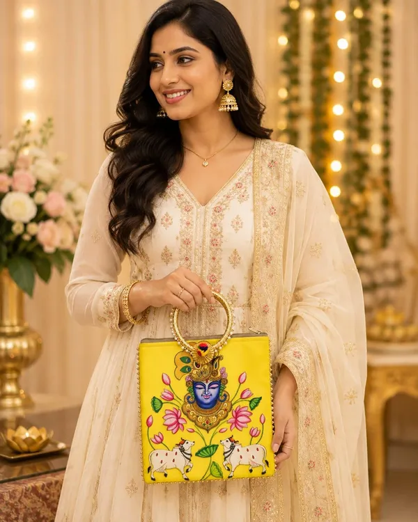 Yellow_Satin_Pichwai_Krishna_Print_Ring_Handle_Handbag_For_Women