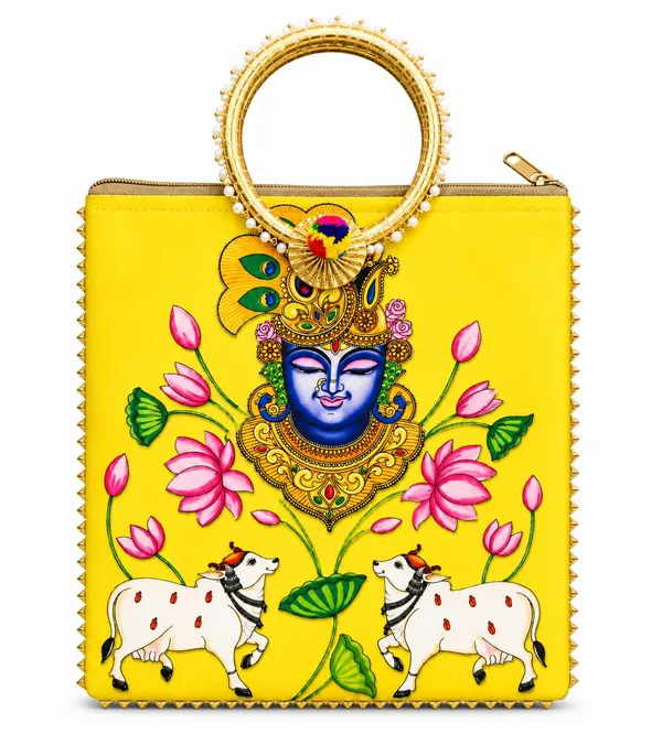 Yellow_Satin_Pichwai_Krishna_Print_Ring_Handle_Handbag_For_Women