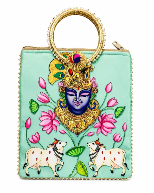 Mint_Green_Satin_Pichwai_Print_Festive_Handbag_For_Women