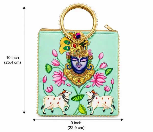 Mint_Green_Satin_Pichwai_Print_Festive_Handbag_For_Women