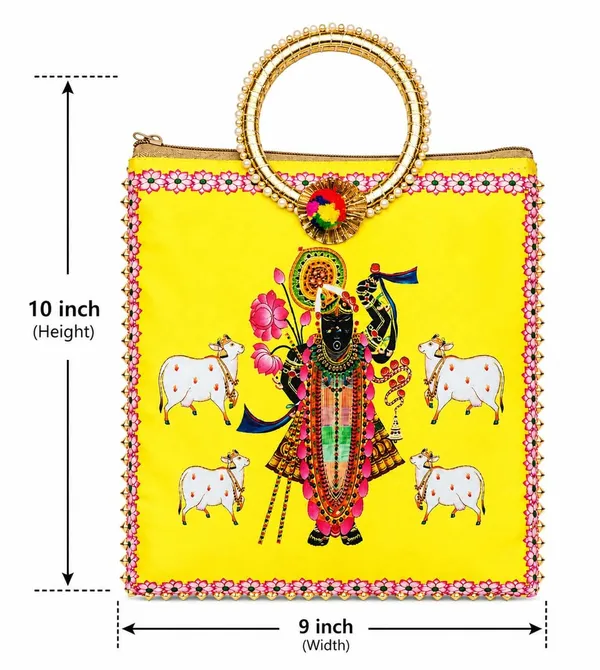 Yellow_Satin_Pichwai_Shrinathji_Print_Festive_Handbag_For_Women