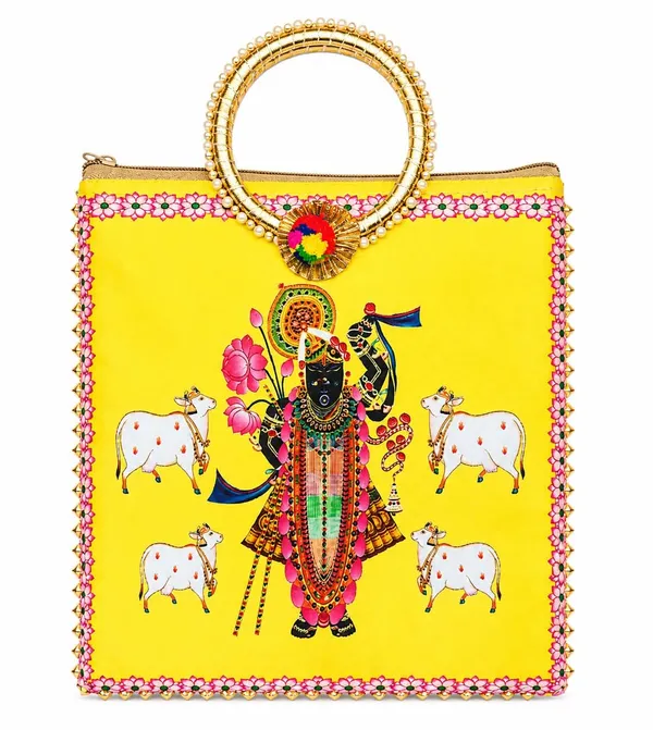 Yellow_Satin_Pichwai_Shrinathji_Print_Festive_Handbag_For_Women