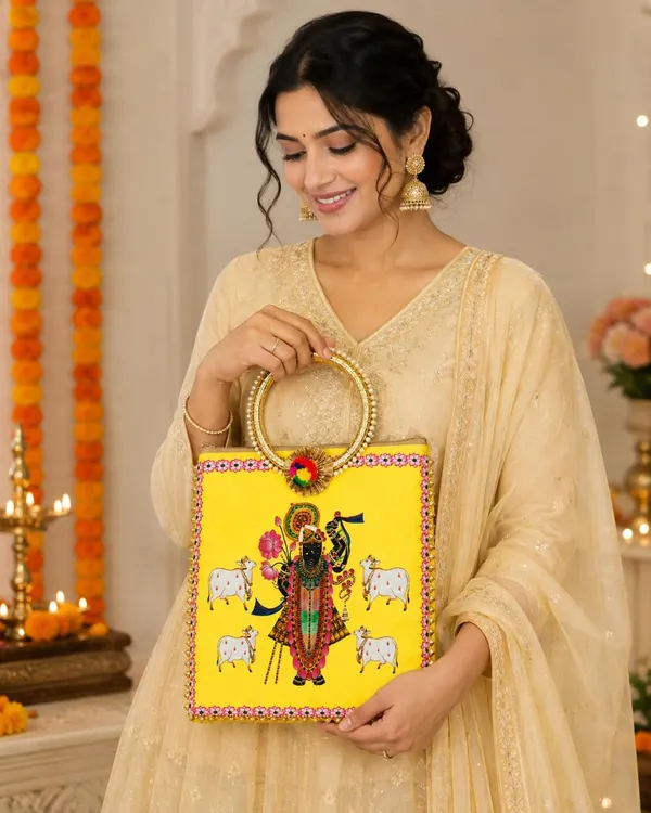 Yellow_Satin_Pichwai_Shrinathji_Print_Festive_Handbag_For_Women
