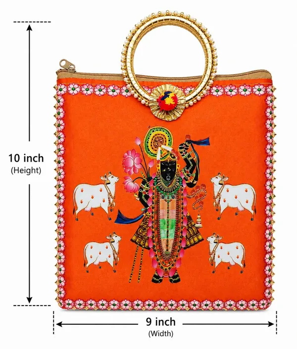 Orange_Satin_Pichwai_Shrinathji_Print_Festive_Handbag_For_Women