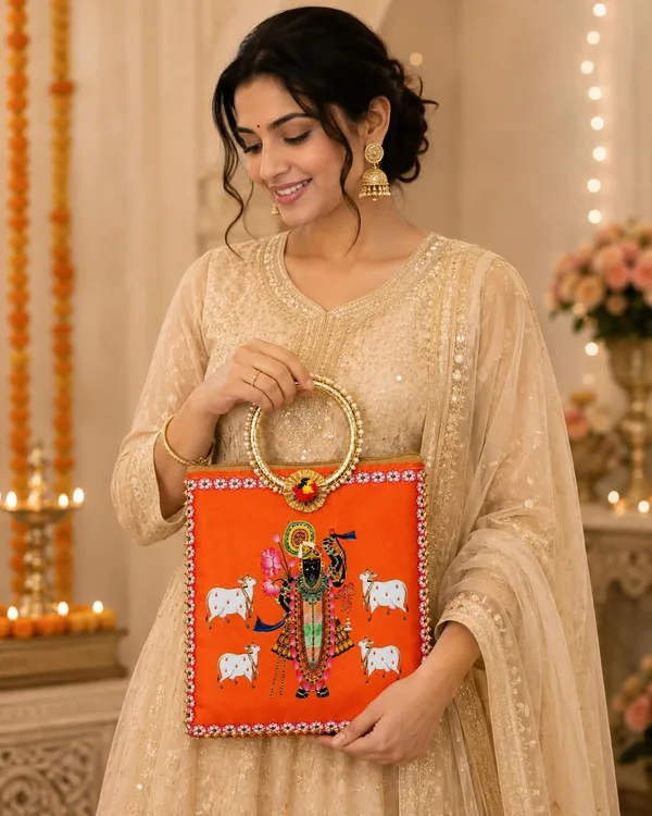 Orange_Satin_Pichwai_Shrinathji_Print_Festive_Handbag_For_Women