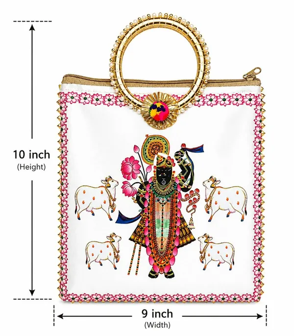White_Satin_Pichwai_Shrinathji_Print_Satchel_Handbag_For_Women
