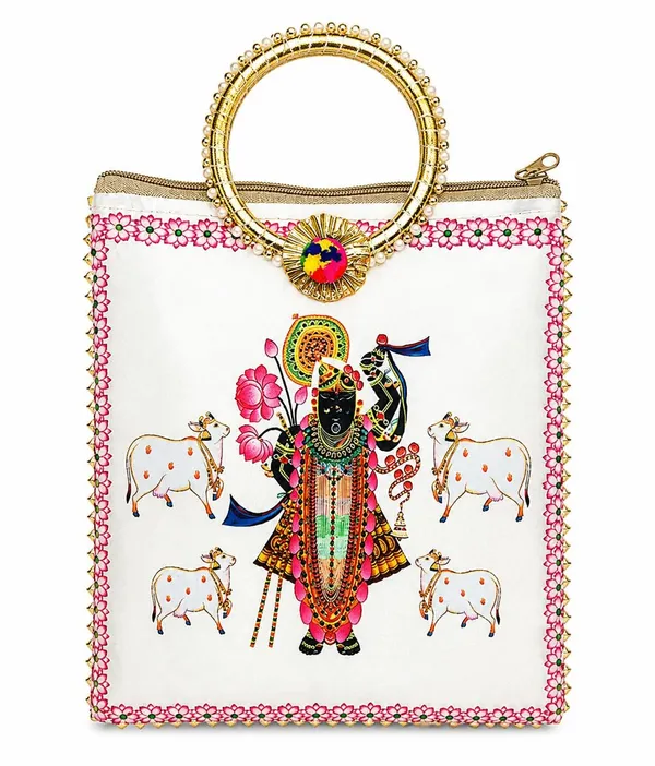 White_Satin_Pichwai_Shrinathji_Print_Satchel_Handbag_For_Women