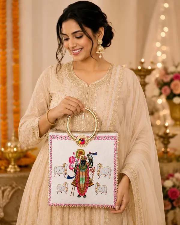 White_Satin_Pichwai_Shrinathji_Print_Satchel_Handbag_For_Women