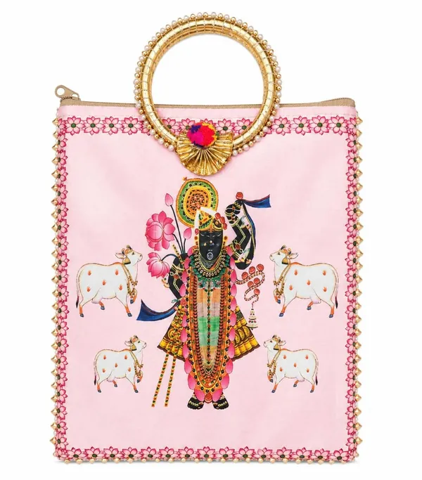 Baby_Pink_Satin_Pichwai_Shrinathji_Print_Festive_Handbag_For_Women
