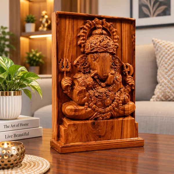 Dagduseth_Ganpati_Teakwood_Hand-Carved_Wall_Relief_Panel_Brown