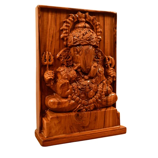 Dagduseth_Ganpati_Teakwood_Hand-Carved_Wall_Relief_Panel_Brown