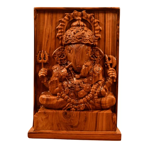 Dagduseth_Ganpati_Teakwood_Hand-Carved_Wall_Relief_Panel_Brown