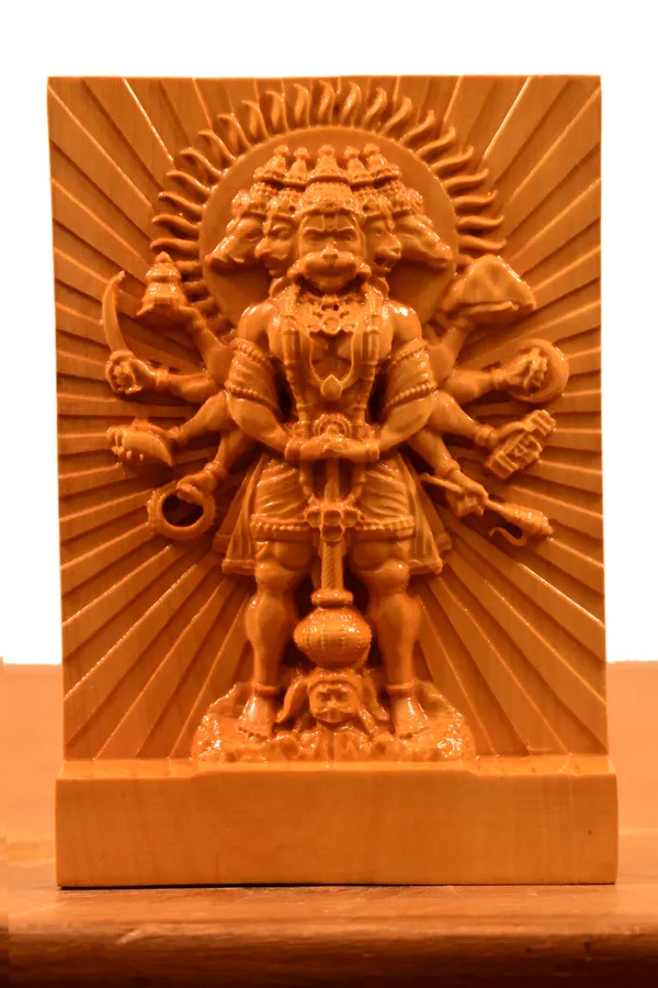 Panchmukhi_Hanuman_Boxwood_Hand-Carved_Wall_Relief_Panel_Light_Cream