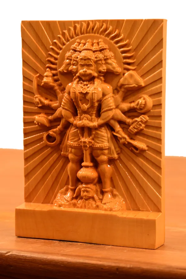 Panchmukhi_Hanuman_Boxwood_Hand-Carved_Wall_Relief_Panel_Light_Cream