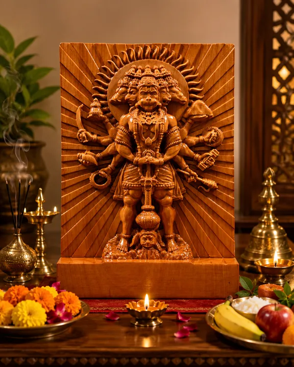 Panchmukhi_Hanuman_Boxwood_Hand-Carved_Wall_Relief_Panel_Light_Cream