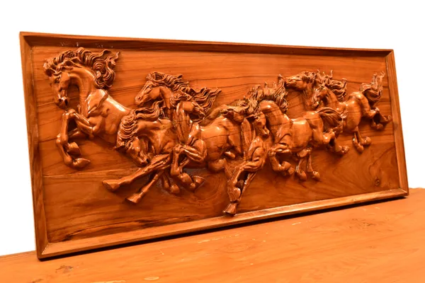Seven_Horse_Brown_Teakwood_Carved_Wall_Relief_Panel