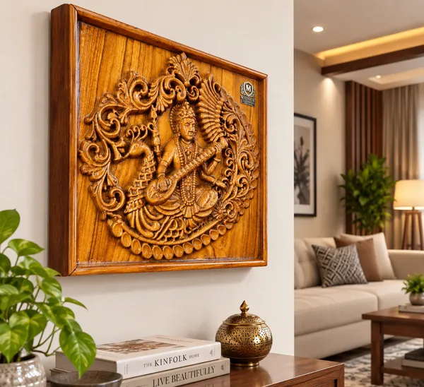 Saraswati_Teakwood_Hand-Carved_Wall_Relief_Panel_Brown