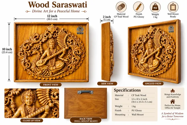 Saraswati_Teakwood_Hand-Carved_Wall_Relief_Panel_Brown