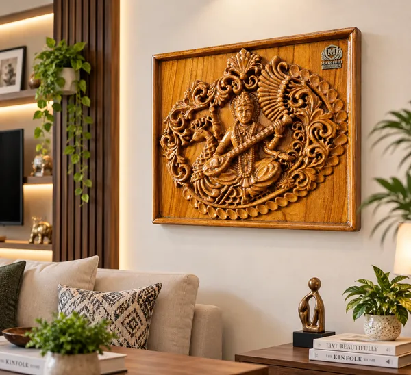 Saraswati_Teakwood_Hand-Carved_Wall_Relief_Panel_Brown