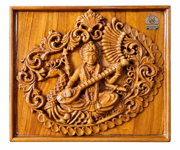 Saraswati_Teakwood_Hand-Carved_Wall_Relief_Panel_Brown