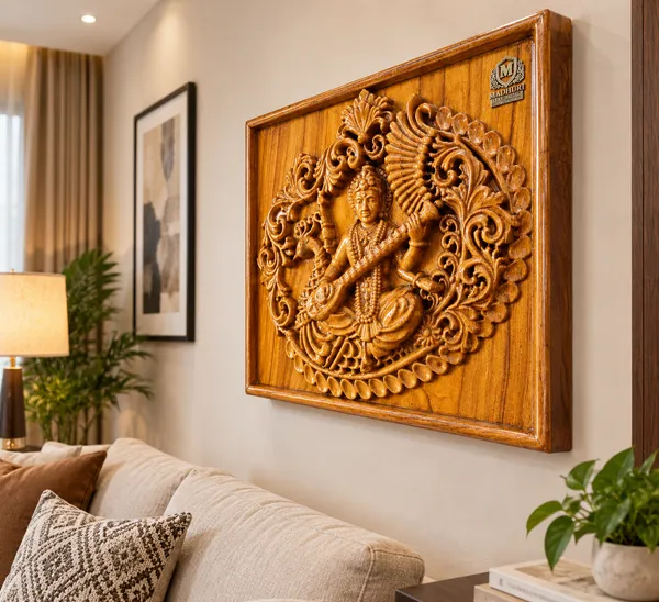 Saraswati_Teakwood_Hand-Carved_Wall_Relief_Panel_Brown