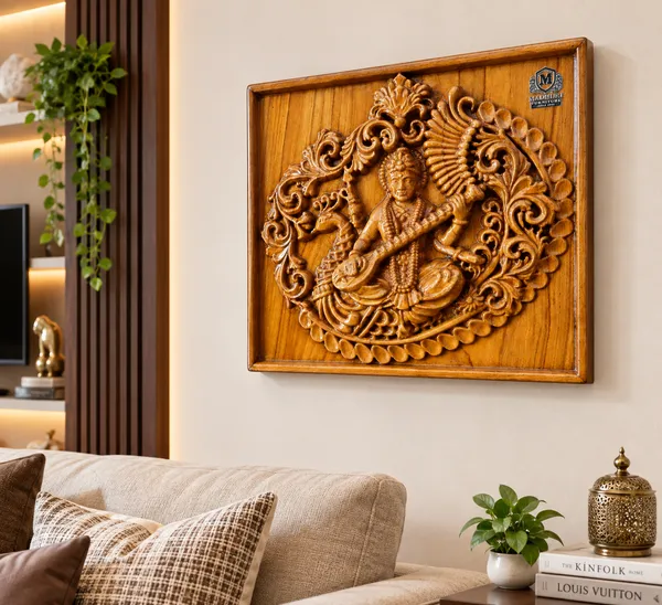 Saraswati_Teakwood_Hand-Carved_Wall_Relief_Panel_Brown