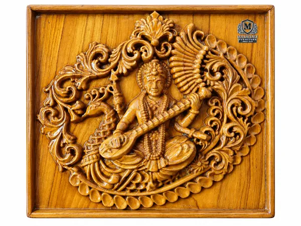 Saraswati_Teakwood_Hand-Carved_Wall_Relief_Panel_Brown