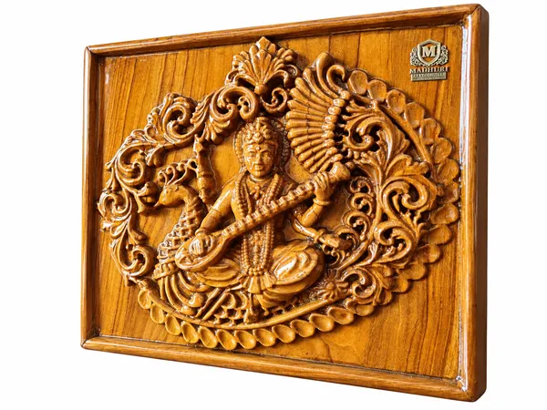 Saraswati_Teakwood_Hand-Carved_Wall_Relief_Panel_Brown
