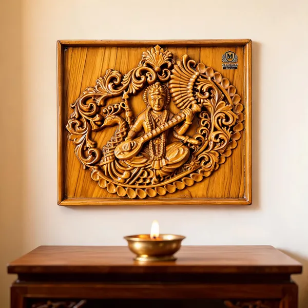 Saraswati_Teakwood_Hand-Carved_Wall_Relief_Panel_Brown