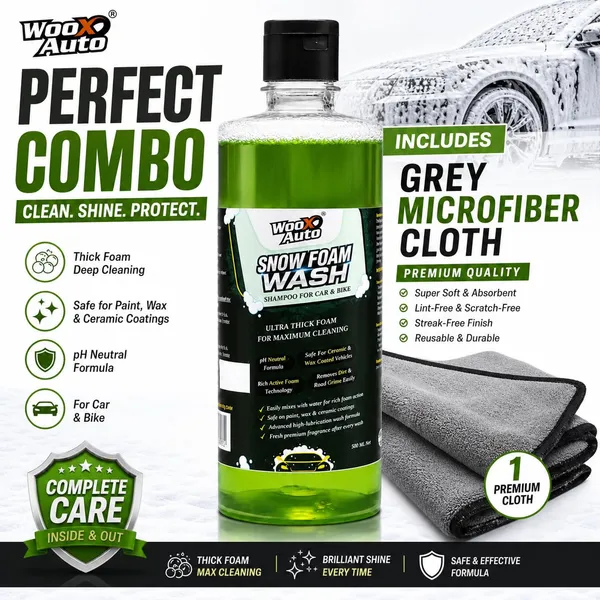 Wooxauto_Car_Wash_Combo_|_Snow_Foam_Wash_Shampoo_500ml_+_Microfiber_Cloth_30x40cm_250GSM_|_Car_Cleaning_Kit_|_pH_Balanced_Foam_Shampoo_with_Detailing_Cloth