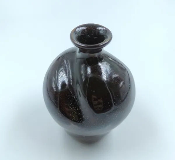 Studio_Pottery_Round_Bud_Vase|_Miniature_Stoneware_Pottery_Flower_Vase|Handglazed_In_Part_Gloss_And_Part_Matte_Finish|_3.5"_Height_(Green-Cream)