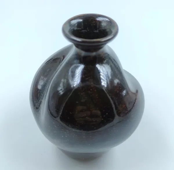 Studio_Pottery_Round_Bud_Vase|_Miniature_Stoneware_Pottery_Flower_Vase|Handglazed_In_Part_Gloss_And_Part_Matte_Finish|_3.5"_Height_(Green-Cream)