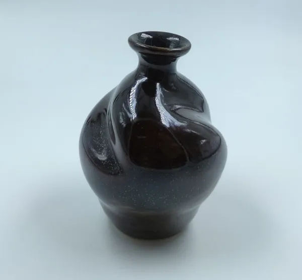 Studio_Pottery_Round_Bud_Vase|_Miniature_Stoneware_Pottery_Flower_Vase|Handglazed_In_Part_Gloss_And_Part_Matte_Finish|_3.5"_Height_(Green-Cream)