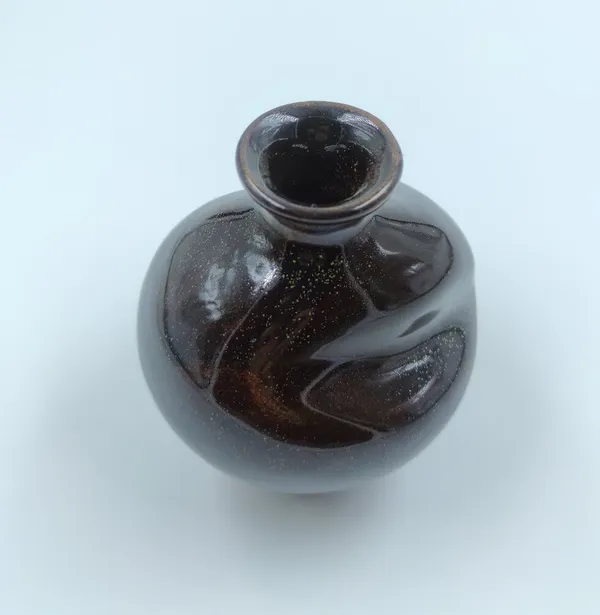 Studio_Pottery_Round_Bud_Vase|_Miniature_Stoneware_Pottery_Flower_Vase|Handglazed_In_Part_Gloss_And_Part_Matte_Finish|_3.5"_Height_(Green-Cream)