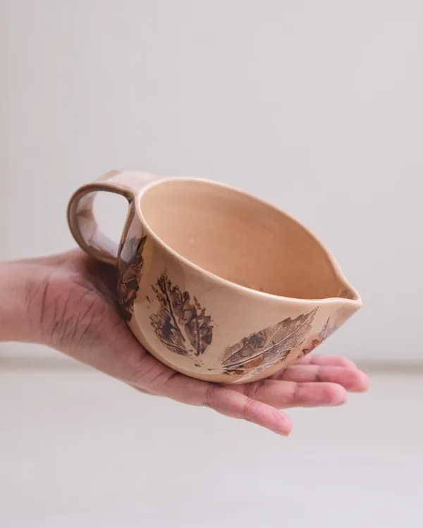Studio_Pottery_Cream_&_Milk_Jar_In_Gloss_Finish|_Sauce_Boat|_Handglazed_Ceramic_Serveware|_Ceramic_Creamer_For_Coffee-Tea_With_A_Handle|_Milk_Jar_(Cream-Chocolate_Brown_Leaf)