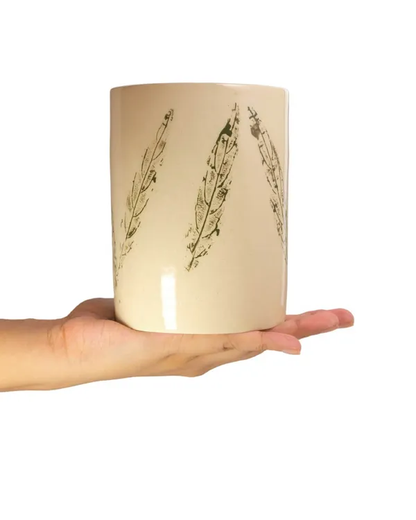 Stoneware_Ceramic_Cutlery_Holder_–_Handcrafted_Dual_Glazed_Utensil_Organizer_|_Cream-Brown_Leaf|Multipurpose_Kitchen_&_Dining_Table_Accessory