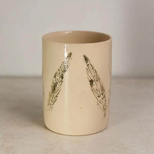 Stoneware_Ceramic_Cutlery_Holder_–_Handcrafted_Dual_Glazed_Utensil_Organizer_|_Cream-Brown_Leaf|Multipurpose_Kitchen_&_Dining_Table_Accessory