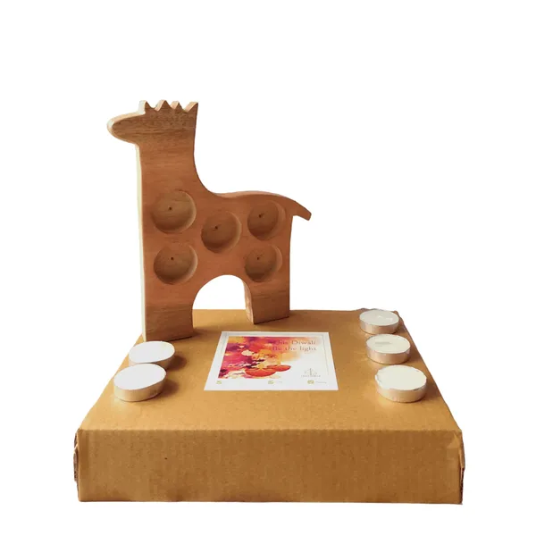Giraffe_Shaped_Wooden_Tealight_Candle_Holder|_Ideal_Hamper_Pack_Box|_Home_Décor_Items|_Handcrafted_Neem_Wood_Holder_With_5_Tealights