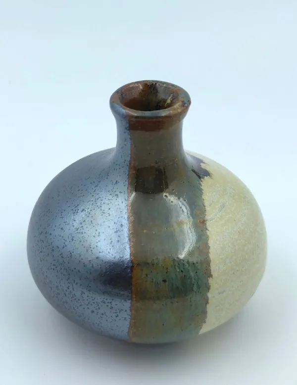 Electric_Blue-Brown-Biege_Round_Bud_Vase|_Miniature_Ware_Pottery_Flower_Vase|Handglazed_In_Gloss_Finish|_3"_Height