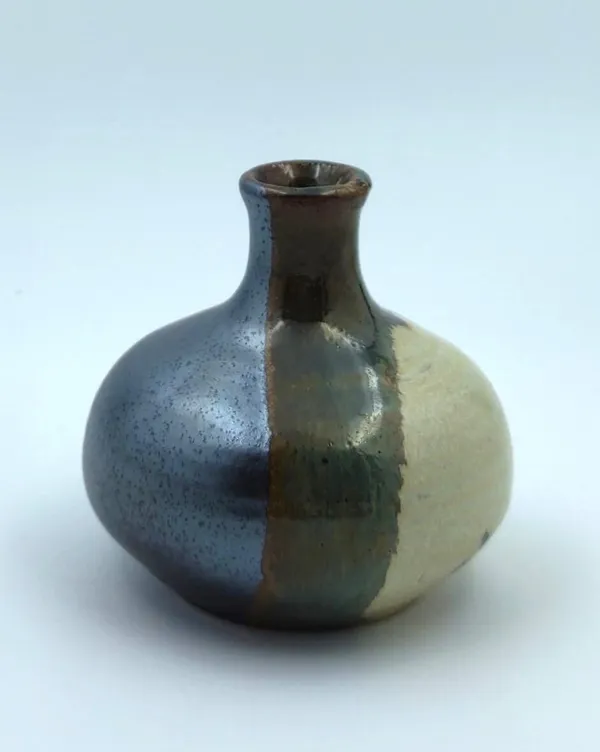 Electric_Blue-Brown-Biege_Round_Bud_Vase|_Miniature_Ware_Pottery_Flower_Vase|Handglazed_In_Gloss_Finish|_3"_Height