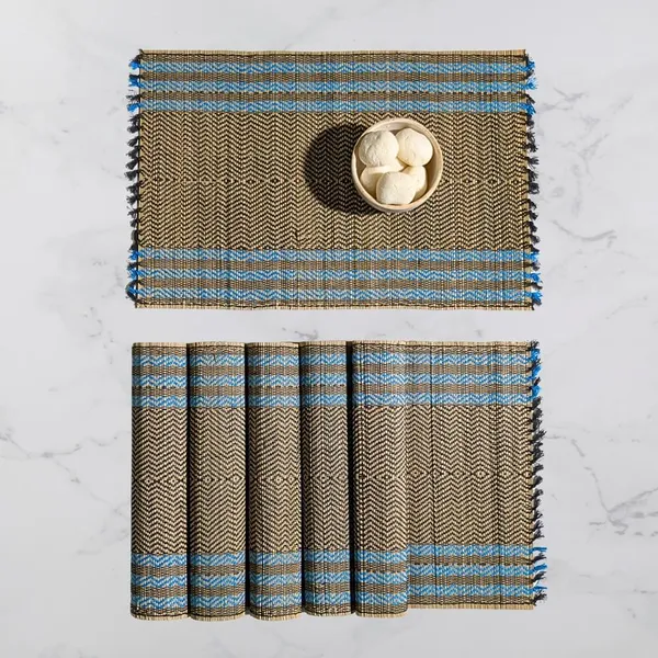 Set_Of_6_Madurkathi_Placemats_–_Handwoven_Natural_River_Grass_Dining_Mats,_Heat-Resistant_&_Eco-Friendly,_Rustic_Twig_&_Thread_Design,_Gi-Tagged_Artisan_Craft(Black-Blue)|12"/18"
