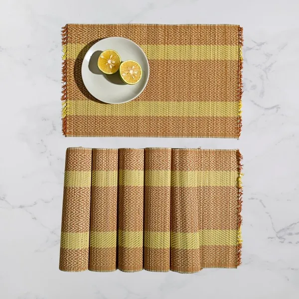 Set_Of_6_Madurkathi_Placemats_–_Handwoven_Natural_River_Grass_Dining_Mats,_Heat-Resistant_&_Eco-Friendly,_Rustic_Twig_&_Thread_Design,_Gi-Tagged_Artisan_Craft(Brown-Yellow)|12"/18"