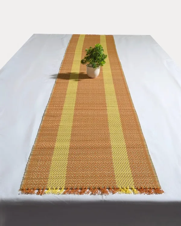 Madurkathi_Table_Runner_12"×60"_–_Handwoven_Natural_River_Grass_(Twig_&_Thread_Weave),_Heat-Resistant_&_Eco-Friendly,_Rustic_Bengal_Artisan_Décor(Brown-Yellow)