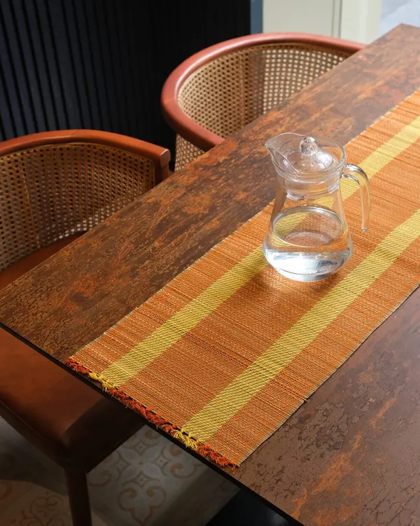 Madurkathi_Table_Runner_12"×60"_–_Handwoven_Natural_River_Grass_(Twig_&_Thread_Weave),_Heat-Resistant_&_Eco-Friendly,_Rustic_Bengal_Artisan_Décor(Brown-Yellow)