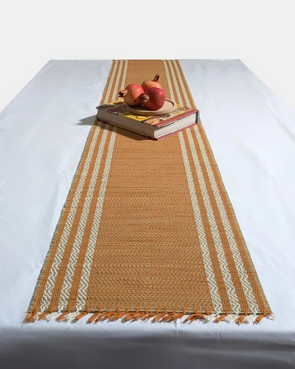 Madurkathi_Table_Runner_12"×60"_–_Handwoven_Natural_River_Grass_(Twig_&_Thread_Weave),_Heat-Resistant_&_Eco-Friendly,_Rustic_Bengal_Artisan_Décor(Brown-White))